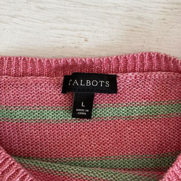 Talbots 100% Linen Sweater Womens Large Pink Striped Lightweight 3/4 Sleeve - Picture 9 of 9